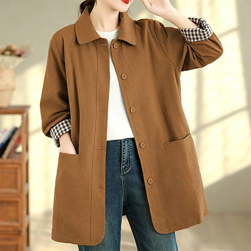 Buddha Stones Fall Simple Vintage Plaid Women's Jacket With Pockets - Peru - US12, UK/AU16, EU44 (2XL) - image 19