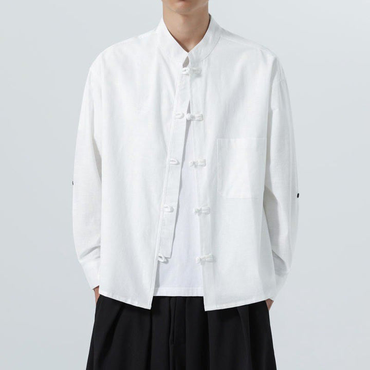 Buddha Stones Spring Fall Tang Style Minimalist Frog Button Mandarin Collar Solid Men's Long Sleeve Shirts With Pocket - image 22