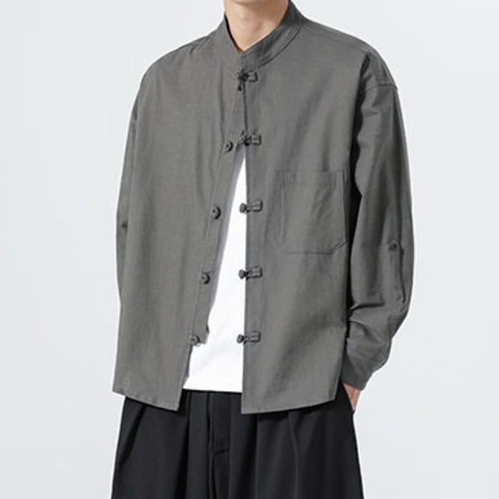 Buddha Stones Spring Fall Tang Style Minimalist Frog Button Mandarin Collar Solid Men's Long Sleeve Shirts With Pocket - image 15
