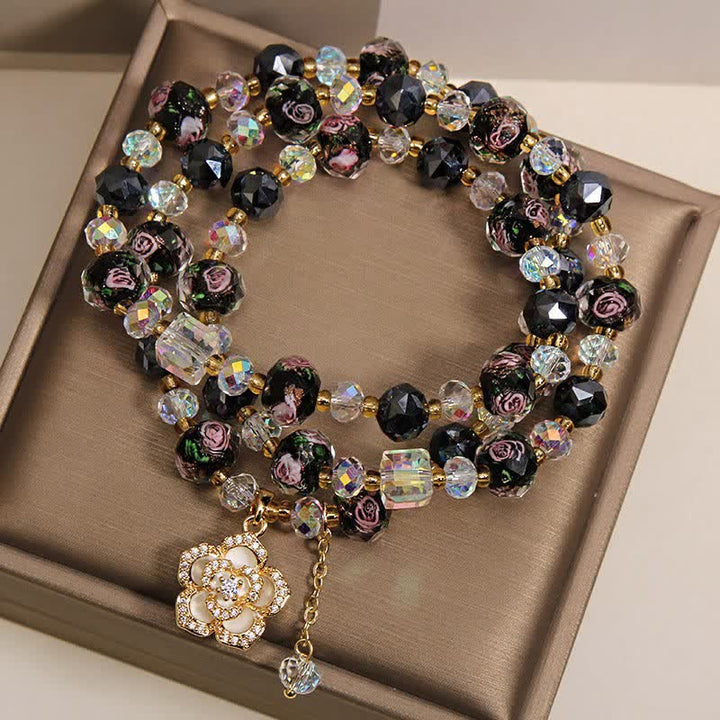 Buddha Stones Black Liu Li Glass Bead Flower Camellia Charm Harmonic Connection Bracelet - image 3