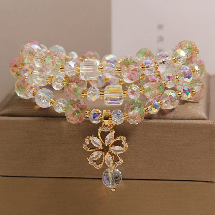 Buddha Stones White Liuli Glass Bead Rose Garden Triple Wrap Floral Charm Bracelet - image 8