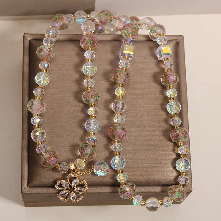 Buddha Stones White Liuli Glass Bead Rose Garden Triple Wrap Floral Charm Bracelet - image 4