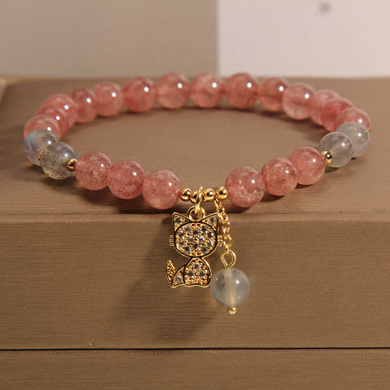 Buddha Stones Strawberry Quartz Moonstone Cat Charm Love Bracelet - Strawberry Quartz(Wrist Circumference: 5.5-5.9  in / 14-15cm) - image 0