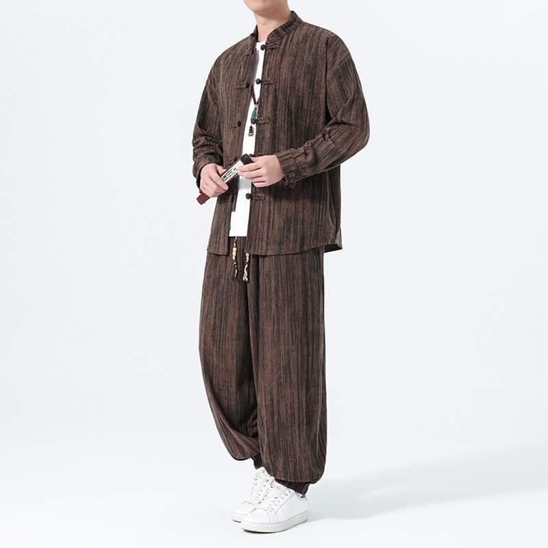 Buddha Stones 2Pcs Fall Winter Tang Style Mandarin Collar Striped Corduroy Shirt Pants Men's Meditation Cloth - SaddleBrown - US/UK/AU46，EU56 (5XL) - image 17