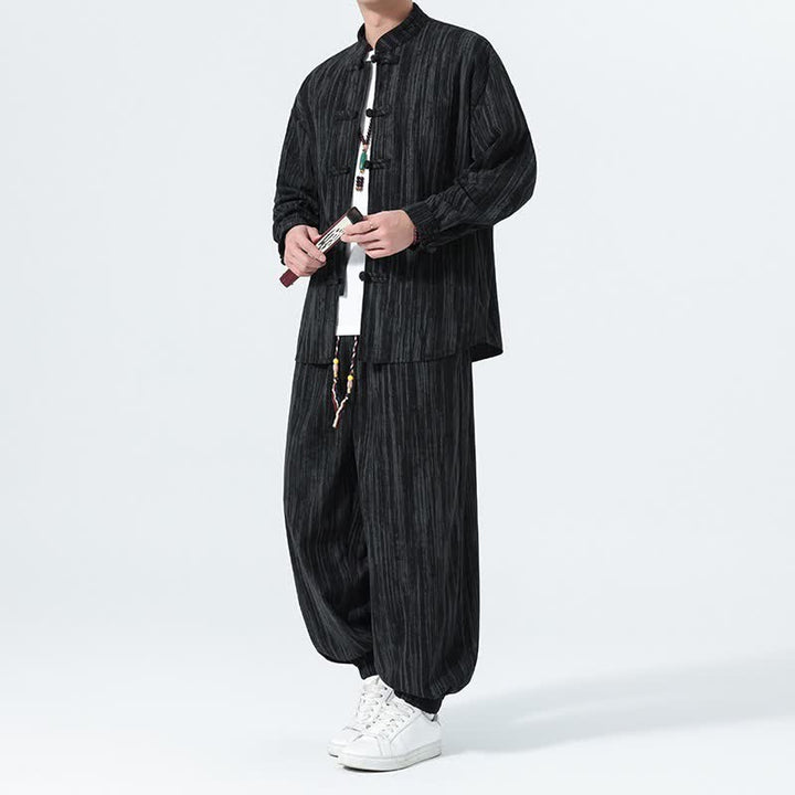 Buddha Stones 2Pcs Fall Winter Tang Style Mandarin Collar Striped Corduroy Shirt Pants Men's Meditation Cloth - Black - US/UK/AU46，EU56 (5XL) - image 10