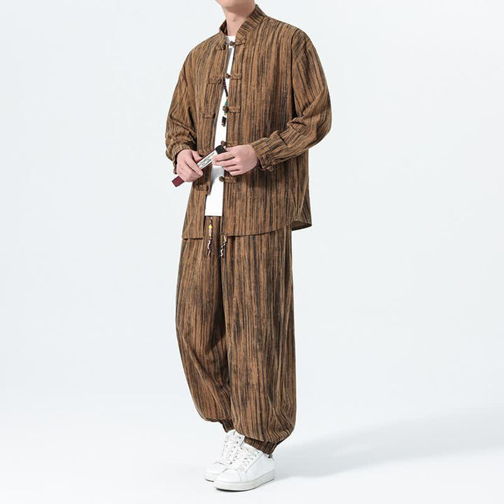 Buddha Stones 2Pcs Fall Winter Tang Style Mandarin Collar Striped Corduroy Shirt Pants Men's Meditation Cloth - Tan - US/UK/AU46，EU56 (5XL) - image 0