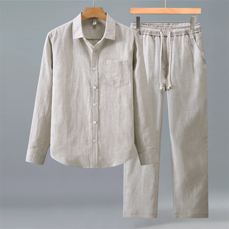Buddha Stones 2Pcs Spring Fall Casual Button-Up Solid Shirt Pants Men's Meditation Cloth With Pockets - Beige - US/UK/AU42，EU52 (3XL) - image 0
