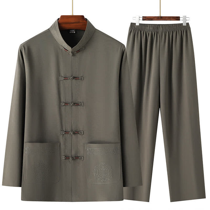 Buddha Stones 2Pcs Spring Fall Tang Style Casual Mandarin Collar Frog Button Solid Shirt Pants Men's Meditation Cloth With Pockets - DarkOliveGreen - US/UK/AU44，EU54 (4XL) - image 10