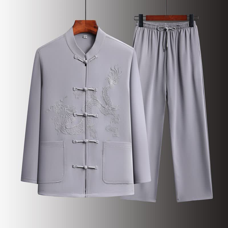 Buddha Stones Spring 2Pcs Fall Tang Style Mandarin Collar Frog Button Embroidery Dragon Shirt Pants Men's Meditation Cloth With Pockets - LightGray - US/UK/AU44，EU54 (4XL) - image 12