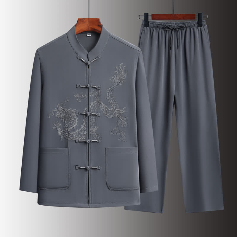 Buddha Stones Spring 2Pcs Fall Tang Style Mandarin Collar Frog Button Embroidery Dragon Shirt Pants Men's Meditation Cloth With Pockets - DarkGray - US/UK/AU44，EU54 (4XL) - image 0