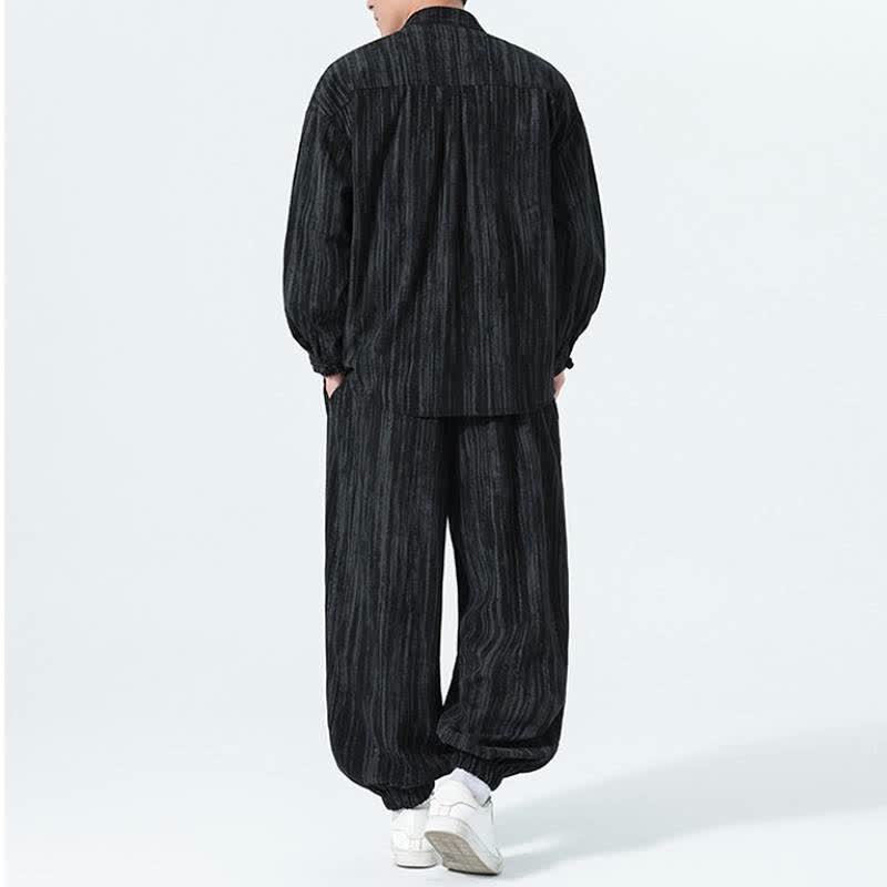 Buddha Stones 2Pcs Fall Winter Tang Style Mandarin Collar Striped Corduroy Shirt Pants Men's Meditation Cloth - image 14