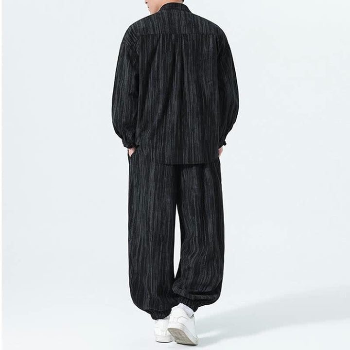 Buddha Stones 2Pcs Fall Winter Tang Style Mandarin Collar Striped Corduroy Shirt Pants Men's Meditation Cloth - image 14