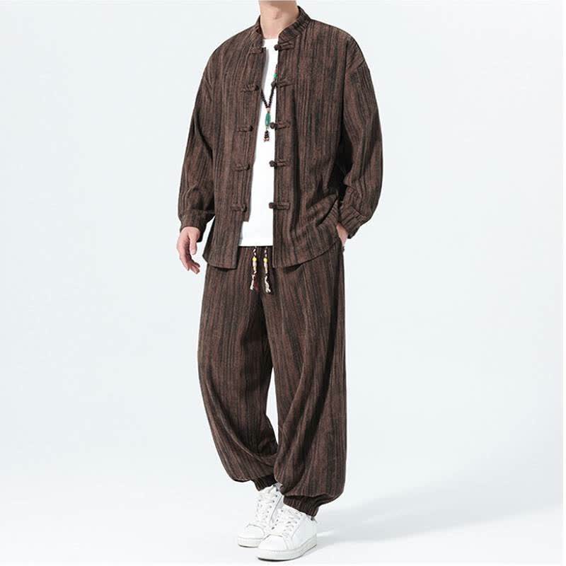 Buddha Stones 2Pcs Fall Winter Tang Style Mandarin Collar Striped Corduroy Shirt Pants Men's Meditation Cloth - image 19
