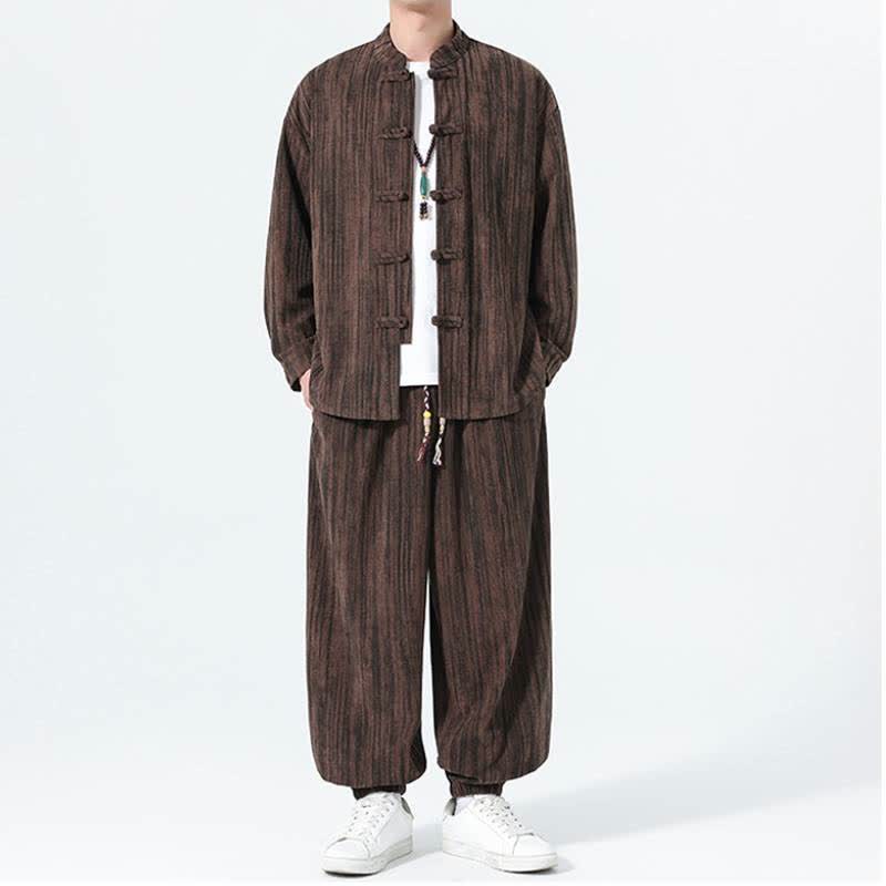 Buddha Stones 2Pcs Fall Winter Tang Style Mandarin Collar Striped Corduroy Shirt Pants Men's Meditation Cloth - image 20