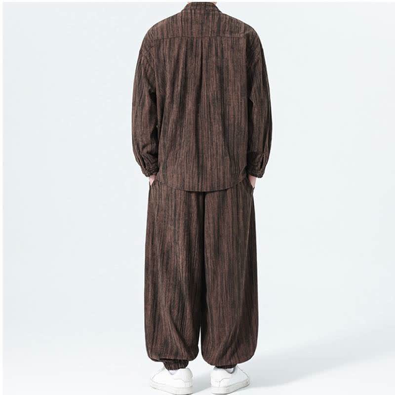 Buddha Stones 2Pcs Fall Winter Tang Style Mandarin Collar Striped Corduroy Shirt Pants Men's Meditation Cloth - image 21