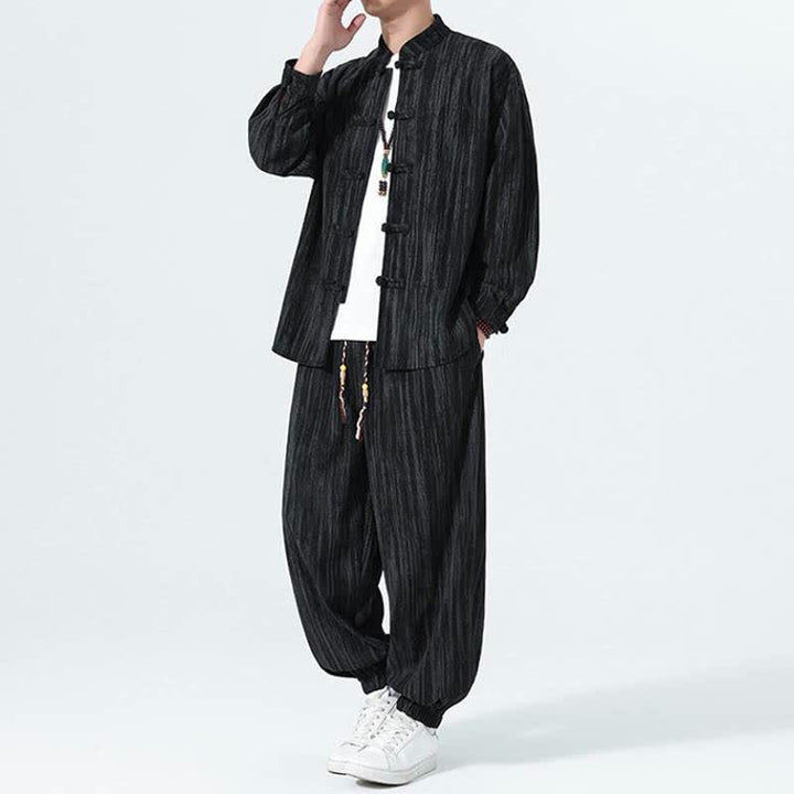 Buddha Stones 2Pcs Fall Winter Tang Style Mandarin Collar Striped Corduroy Shirt Pants Men's Meditation Cloth - image 12