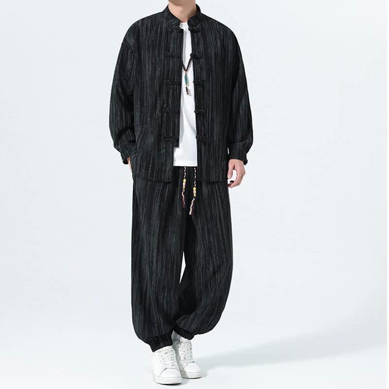 Buddha Stones 2Pcs Fall Winter Tang Style Mandarin Collar Striped Corduroy Shirt Pants Men's Meditation Cloth - image 11
