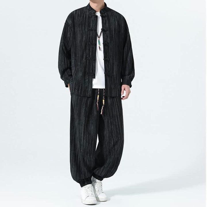 Buddha Stones 2Pcs Fall Winter Tang Style Mandarin Collar Striped Corduroy Shirt Pants Men's Meditation Cloth - image 11