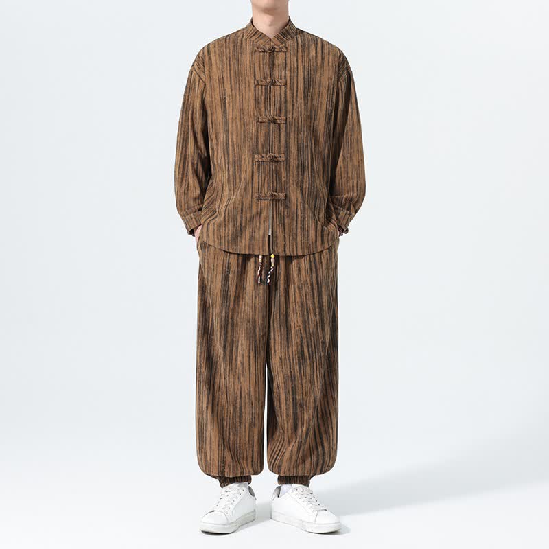 Buddha Stones 2Pcs Fall Winter Tang Style Mandarin Collar Striped Corduroy Shirt Pants Men's Meditation Cloth - image 5