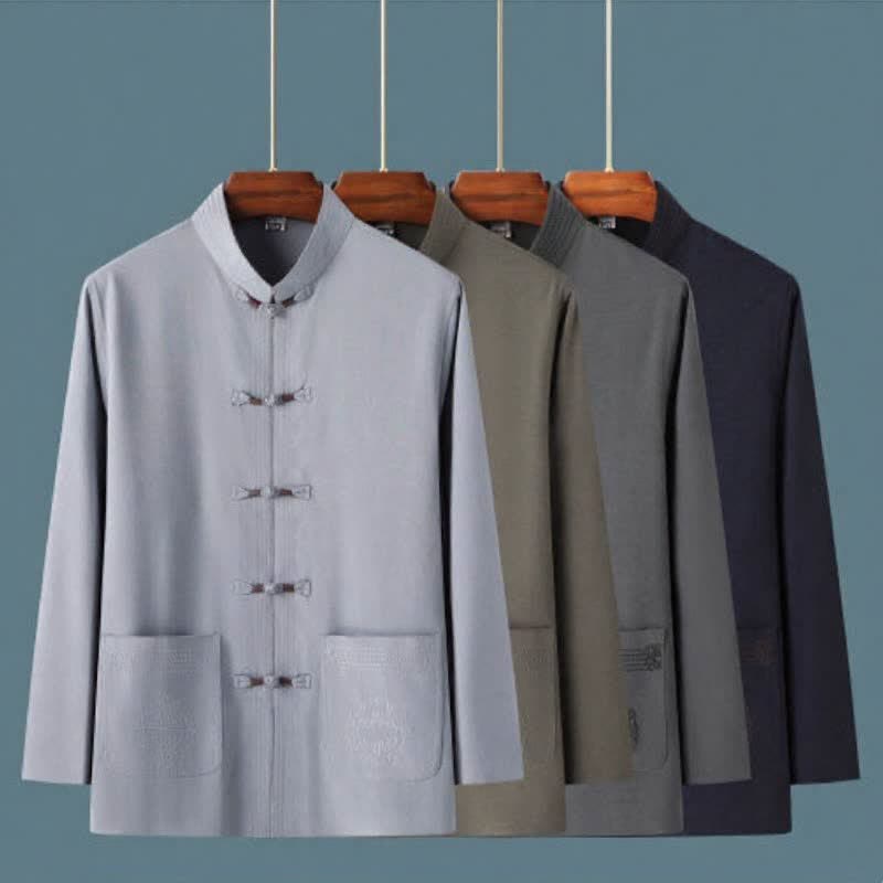 Buddha Stones 2Pcs Spring Fall Tang Style Casual Mandarin Collar Frog Button Solid Shirt Pants Men's Meditation Cloth With Pockets - image 13
