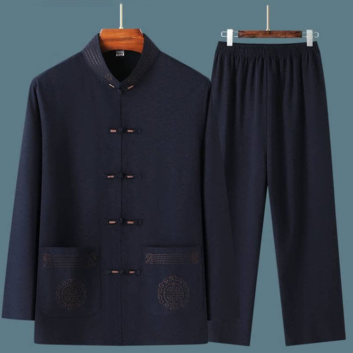 Buddha Stones 2Pcs Spring Fall Tang Style Casual Mandarin Collar Frog Button Solid Shirt Pants Men's Meditation Cloth With Pockets - image 9
