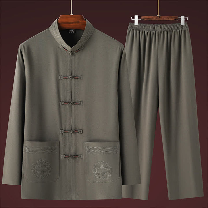 Buddha Stones 2Pcs Spring Fall Tang Style Casual Mandarin Collar Frog Button Solid Shirt Pants Men's Meditation Cloth With Pockets - image 11