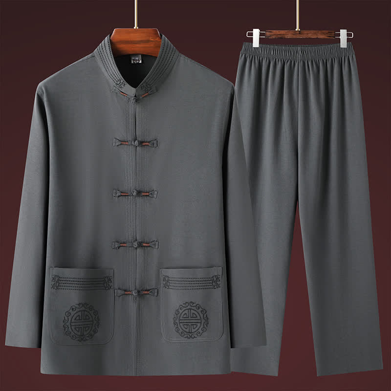 Buddha Stones 2Pcs Spring Fall Tang Style Casual Mandarin Collar Frog Button Solid Shirt Pants Men's Meditation Cloth With Pockets - image 1