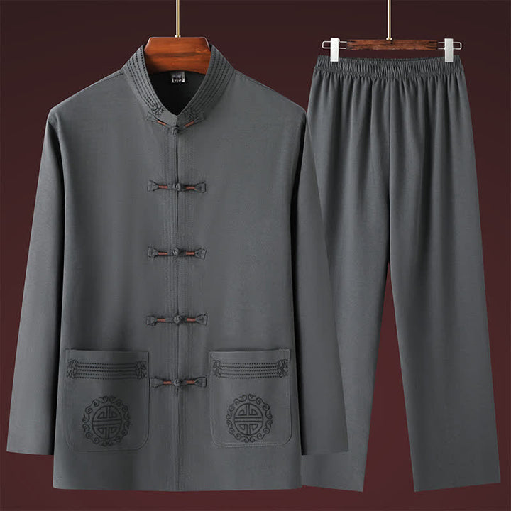 Buddha Stones 2Pcs Spring Fall Tang Style Casual Mandarin Collar Frog Button Solid Shirt Pants Men's Meditation Cloth With Pockets - image 1