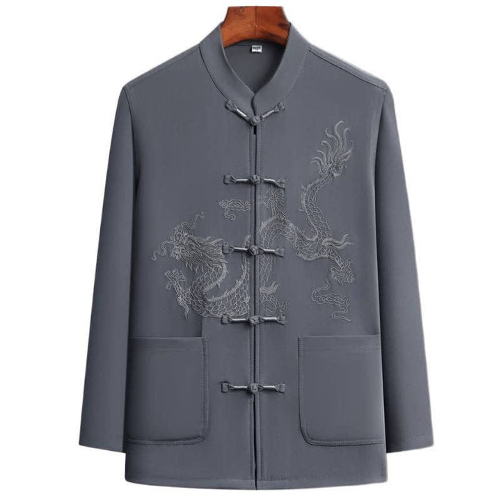 Buddha Stones Spring 2Pcs Fall Tang Style Mandarin Collar Frog Button Embroidery Dragon Shirt Pants Men's Meditation Cloth With Pockets - image 2