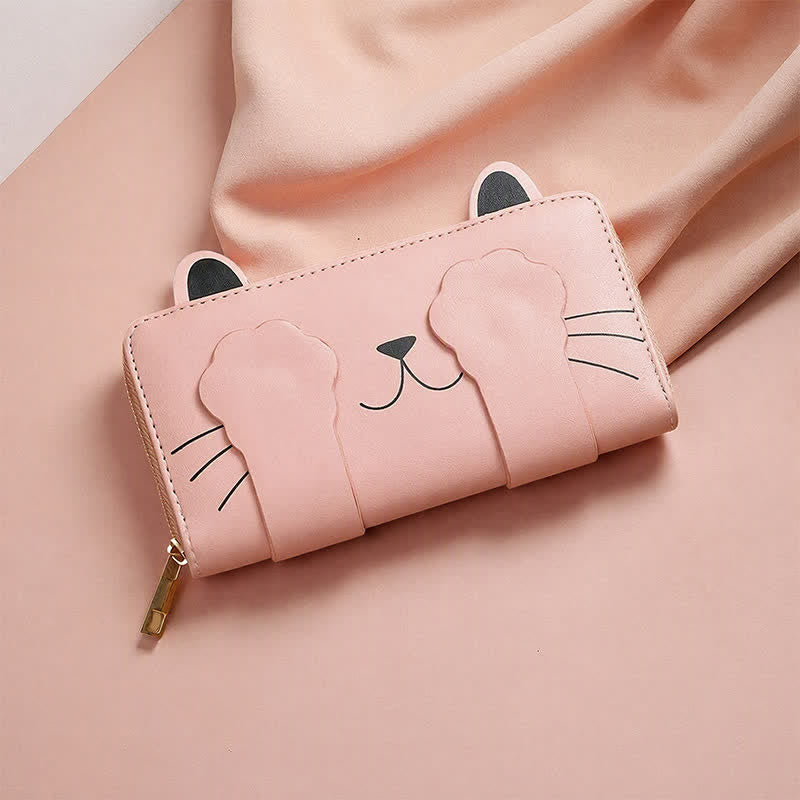 Buddha Stones PU Leather Sweet Kitten Long Zip Around Purse - Pink (Approx. 19 cm × 2 cm × 10 cm) - image 0