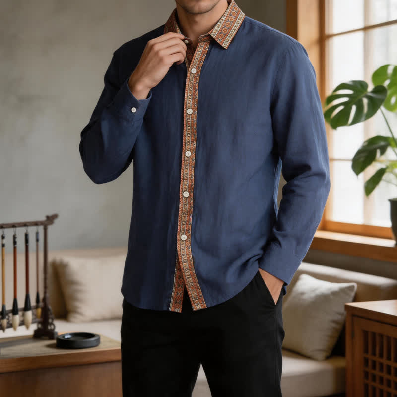 Buddha Stones Spring Fall Casual Vintage Button-Up Geometric Men's Long Sleeve Shirts - MidnightBlue - US/UK/AU42, EU52 (3XL) - image 0