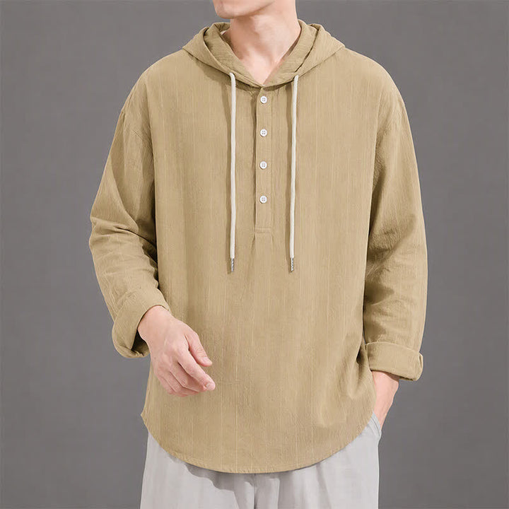 Buddha Stones Spring Casual Minimalist Drawstring Striped Men's Long Sleeve Shirts - DarkKhaki - US/UK/AU42, EU52 (3XL) - image 0