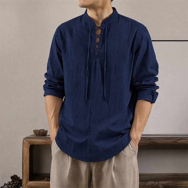 Buddha Stones Spring Fall Casual Tang Style Drawstring Solid Cotton Linen Men's Long Sleeve Shirts - MidnightBlue - US/UK/AU42, EU52 (3XL) - image 0