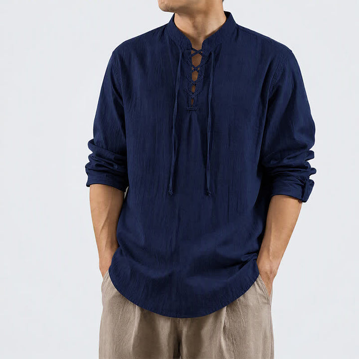 Buddha Stones Spring Fall Casual Tang Style Drawstring Solid Cotton Linen Men's Long Sleeve Shirts - image 1