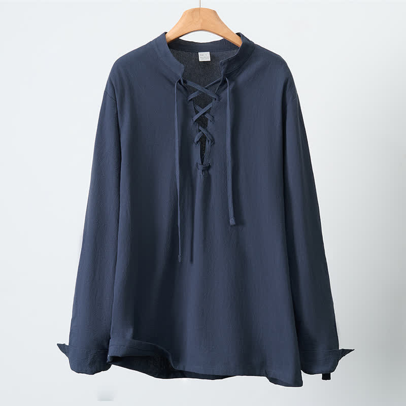 Buddha Stones Spring Fall Casual Tang Style Drawstring Solid Cotton Linen Men's Long Sleeve Shirts - image 2
