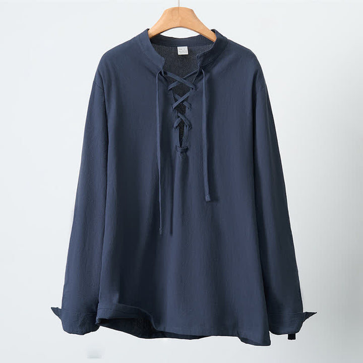 Buddha Stones Spring Fall Casual Tang Style Drawstring Solid Cotton Linen Men's Long Sleeve Shirts - image 2