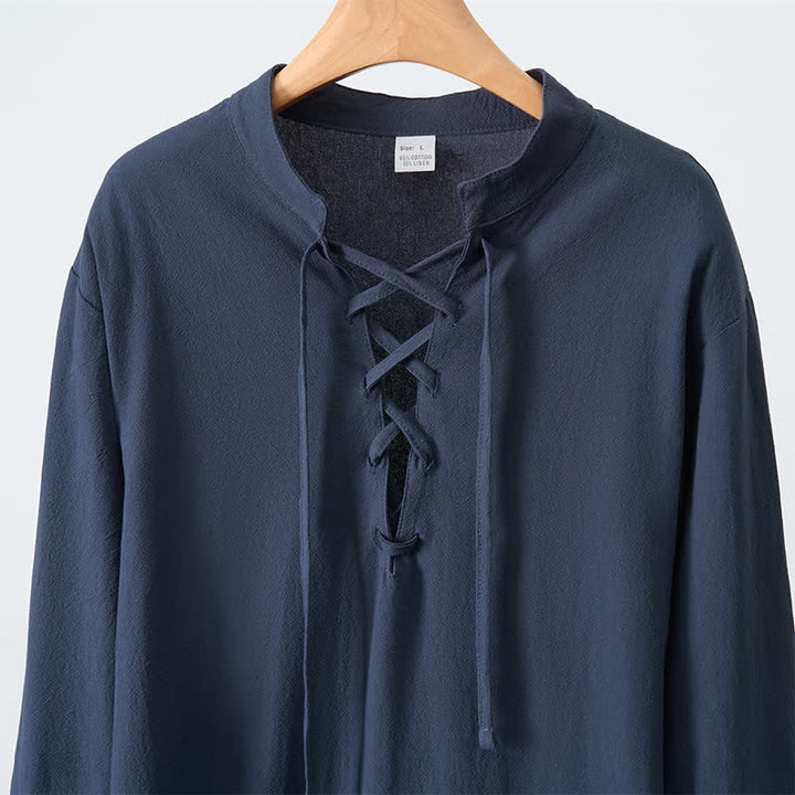Buddha Stones Spring Fall Casual Tang Style Drawstring Solid Cotton Linen Men's Long Sleeve Shirts - image 4