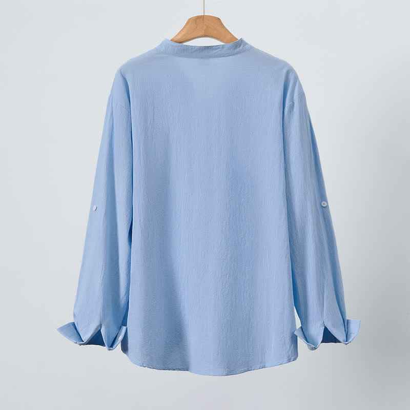 Buddha Stones Spring Fall Casual Tang Style Mandarin Collar Solid Men's Long Sleeve Shirts With Patch Pocket - image 3