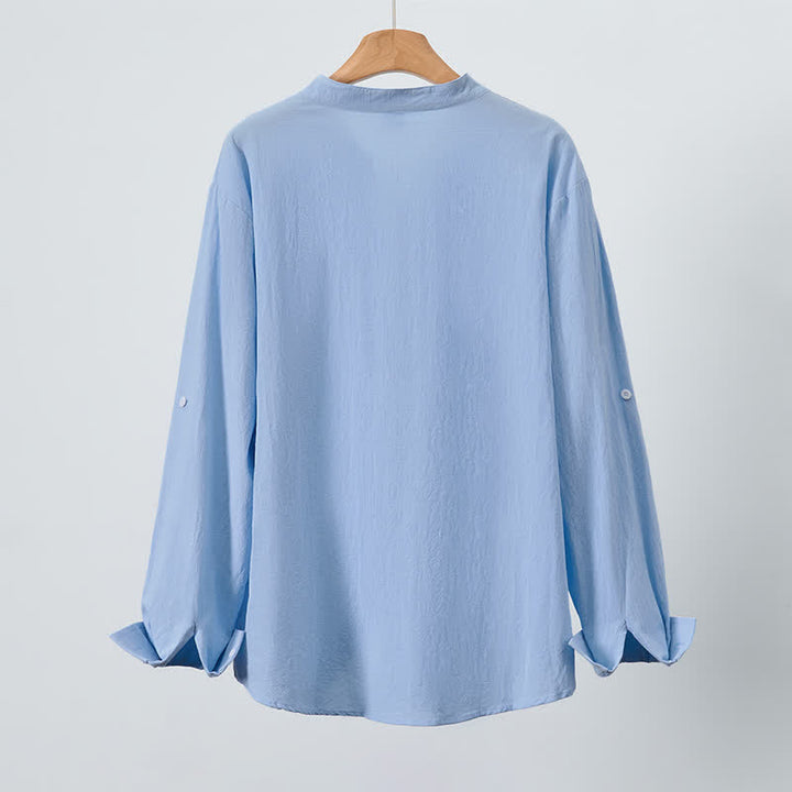 Buddha Stones Spring Fall Casual Tang Style Mandarin Collar Solid Men's Long Sleeve Shirts With Patch Pocket - image 3