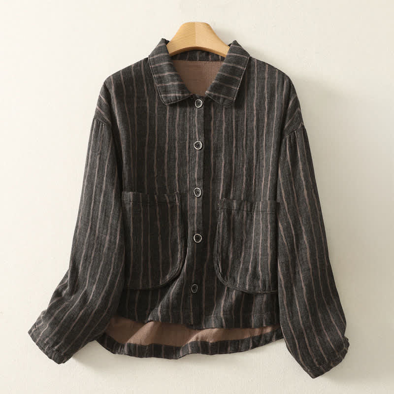 Buddha Stones Fall Casual Vintage Button-Up Striped Women's Jacket With Pockets - DimGray - US4-12, UK/AU8-16, EU36-44 (F) - image 0