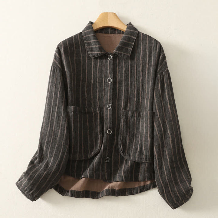 Buddha Stones Fall Casual Vintage Button-Up Striped Women's Jacket With Pockets - DimGray - US4-12, UK/AU8-16, EU36-44 (F) - image 0
