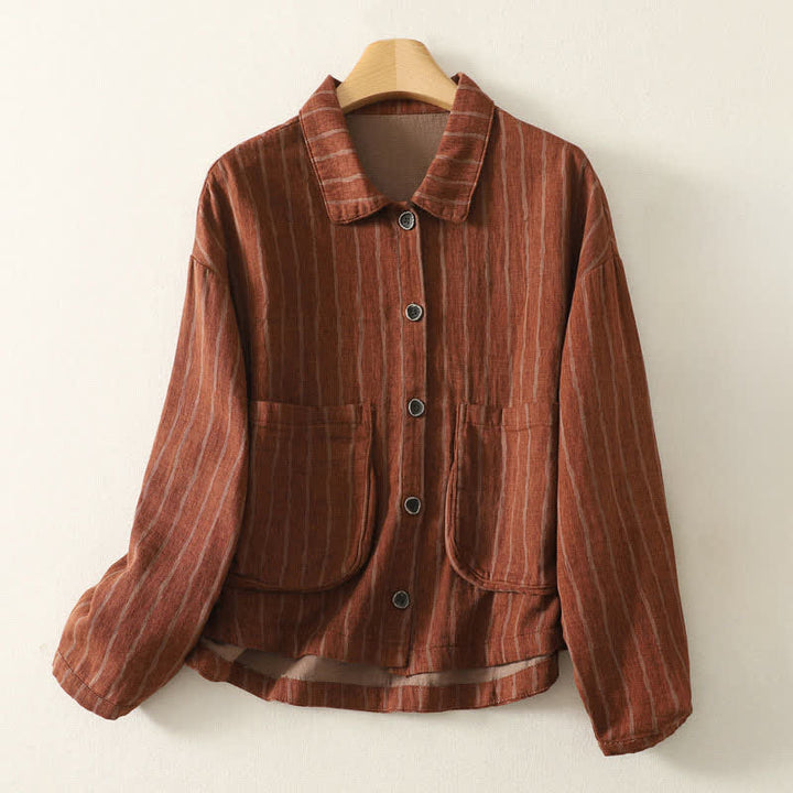 Buddha Stones Fall Casual Vintage Button-Up Striped Women's Jacket With Pockets - Sienna - US4-12, UK/AU8-16, EU36-44 (F) - image 8