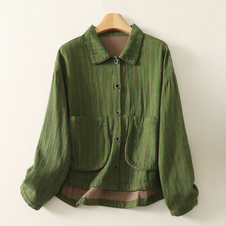 Buddha Stones Fall Casual Vintage Button-Up Striped Women's Jacket With Pockets - DarkSeaGreen - US4-12, UK/AU8-16, EU36-44 (F) - image 6