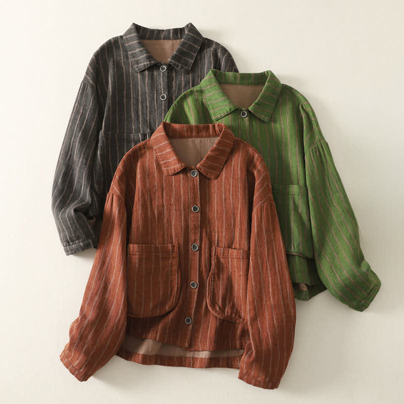 Buddha Stones Fall Casual Vintage Button-Up Striped Women's Jacket With Pockets - image 11