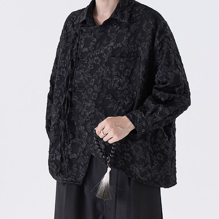 Buddha Stones Spring Fall Vintage Tang Style Frog Button Jacquard Floral Men's Long Sleeve Shirts With Patch Pocket - Black - US/UK/AU50, EU60 (5XL) - image 0