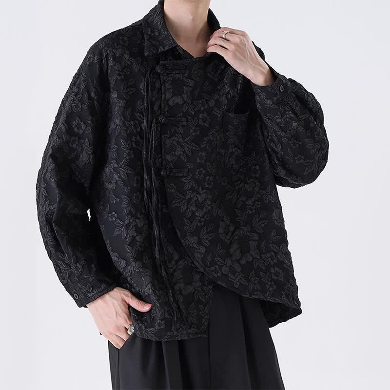 Buddha Stones Spring Fall Vintage Tang Style Frog Button Jacquard Floral Men's Long Sleeve Shirts With Patch Pocket - image 2