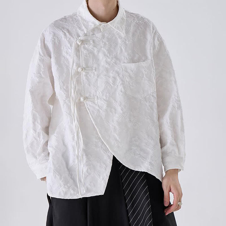 Buddha Stones Spring Fall Vintage Tang Style Frog Button Jacquard Floral Men's Long Sleeve Shirts With Patch Pocket - White - US/UK/AU50, EU60 (5XL) - image 7