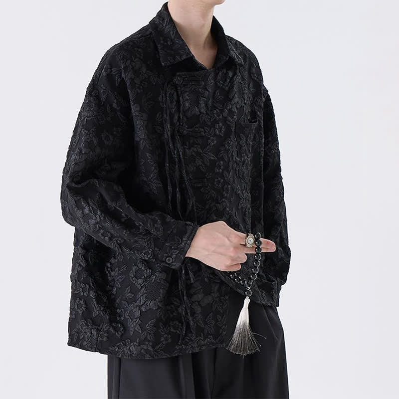 Buddha Stones Spring Fall Vintage Tang Style Frog Button Jacquard Floral Men's Long Sleeve Shirts With Patch Pocket - image 5