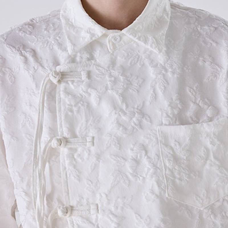 Buddha Stones Spring Fall Vintage Tang Style Frog Button Jacquard Floral Men's Long Sleeve Shirts With Patch Pocket - image 14