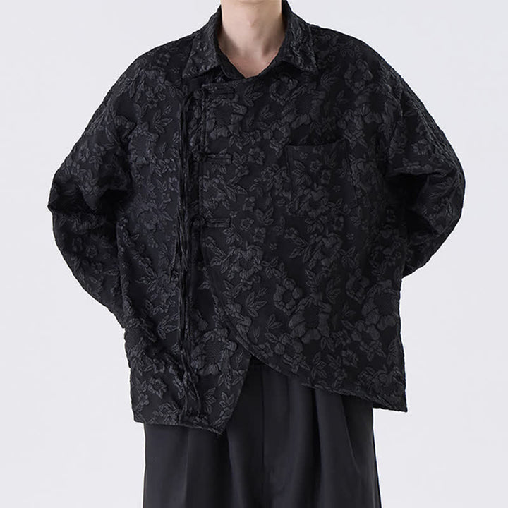 Buddha Stones Spring Fall Vintage Tang Style Frog Button Jacquard Floral Men's Long Sleeve Shirts With Patch Pocket - image 1